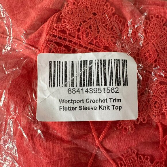 Westport Women's Size Medium Crochet Trim Flutter Sleeve Knit Top in Coral Pink - Picture 7 of 7